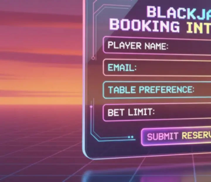Neonowa grafika przedstawiająca formularz rezerwacji atrakcji Blackjack