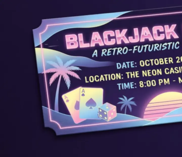 Retro-futurystyczna karta zaproszenia na wieczór Blackjack Velastranova