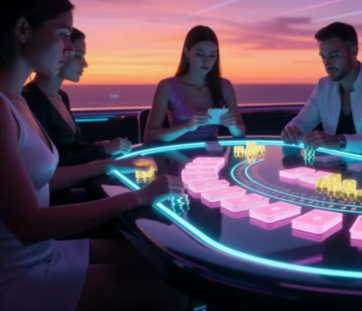 Neonowy stół do Blackjacka w stylu vaporwave z pastelowymi żetonami i kartami