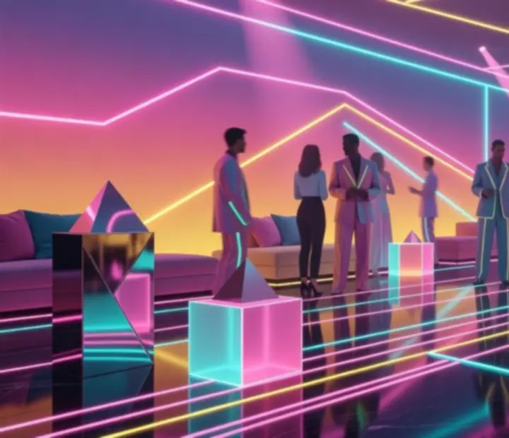 Neonowe dekoracje wydarzenia firmowego w stylu vaporwave