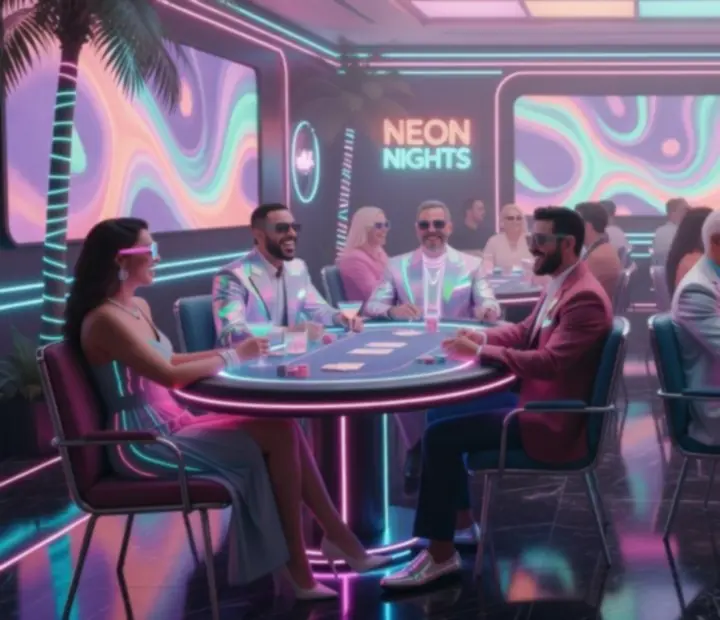 Neonowe stoły pokerowe Velastranova podczas wydarzenia z uśmiechniętymi gośćmi