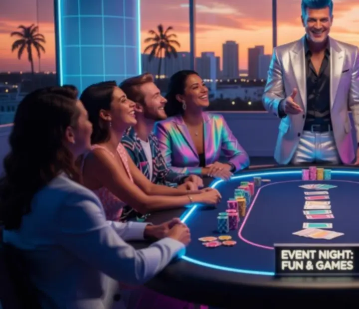 Stół pokerowy w stylu vaporwave z neonowym oświetleniem i prowadzącym
