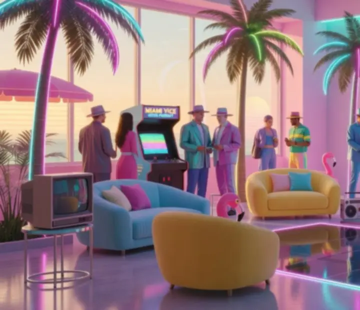 Event w stylu retro-futurystycznego Miami z neonowym oświetleniem i strefami relaksu