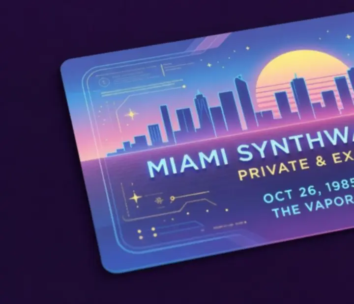 Retrofuturystyczne zaproszenie w formie luksusowego event ticketu w stylu Miami Sunset