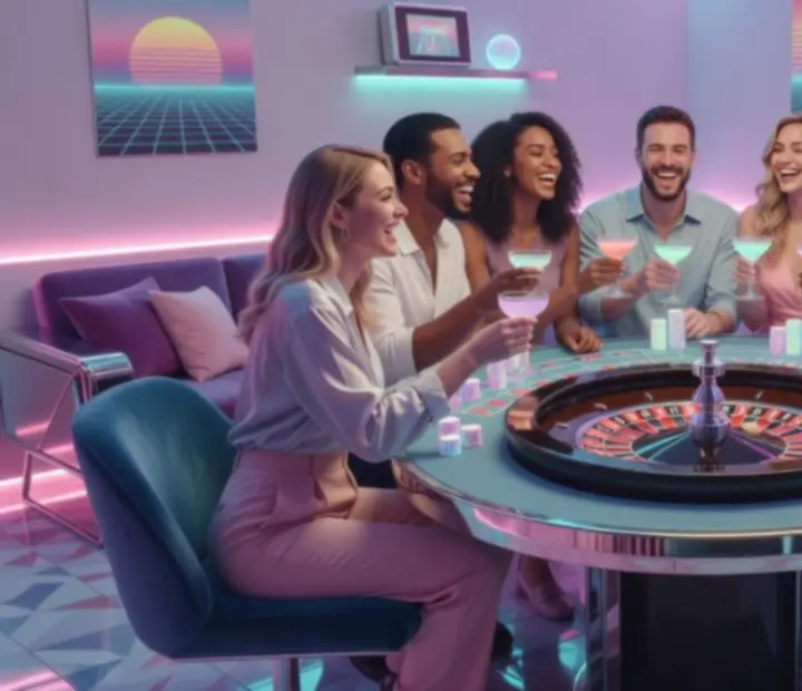 Ruletkowa atrakcja podczas prywatnego wydarzenia w stylu vaporwave