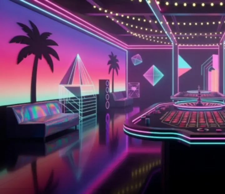 Tematyczne dekoracje i neonowe światła w stylu retro-futurystycznym przy ruletkowej atrakcji