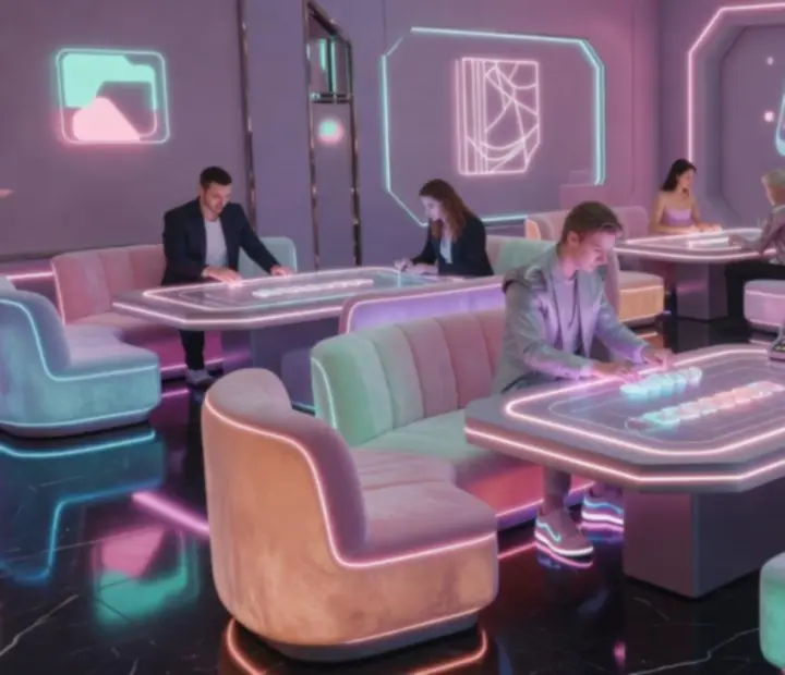 Retrofuturystyczna aranżacja stołów i oświetlenia przygotowana przez Velastranova