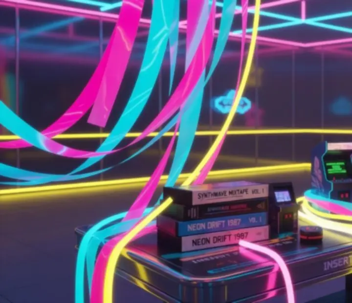 Retro-futurystyczne dekoracje synthwave z neonowym oświetleniem