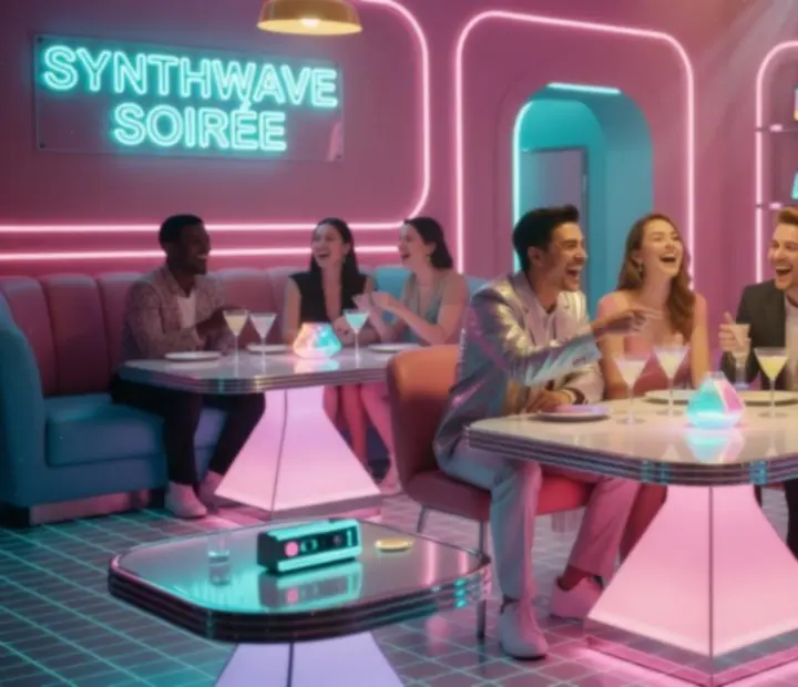 Prywatna impreza w neonowym pokoju z retro-futurystycznym oświetleniem