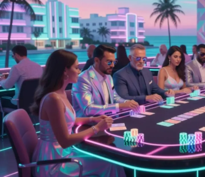 Neonowe stoły pokerowe w stylu retrofuturystycznym podczas eventu Velastranova