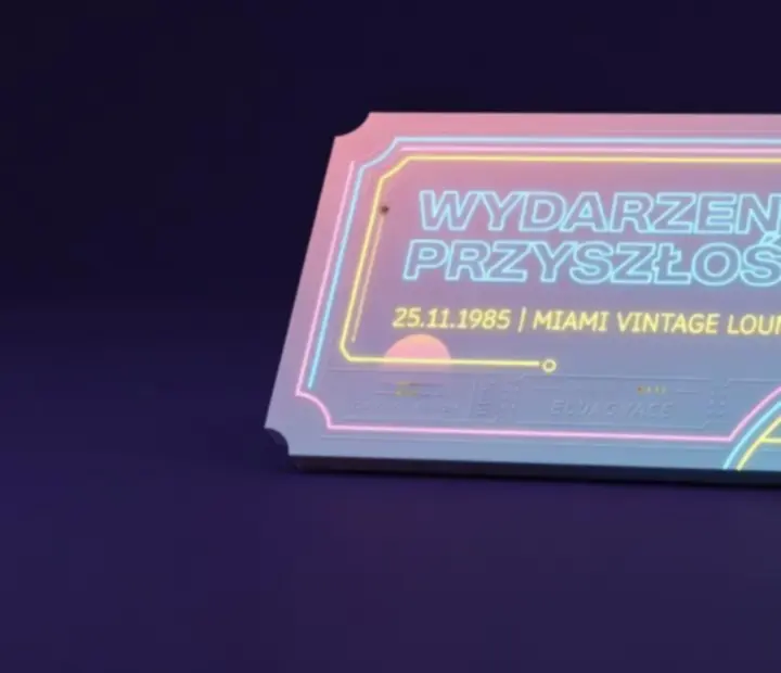 Luksusowe zaproszenie eventowe w stylu retro-futurystycznym z neonowym zachodem słońca